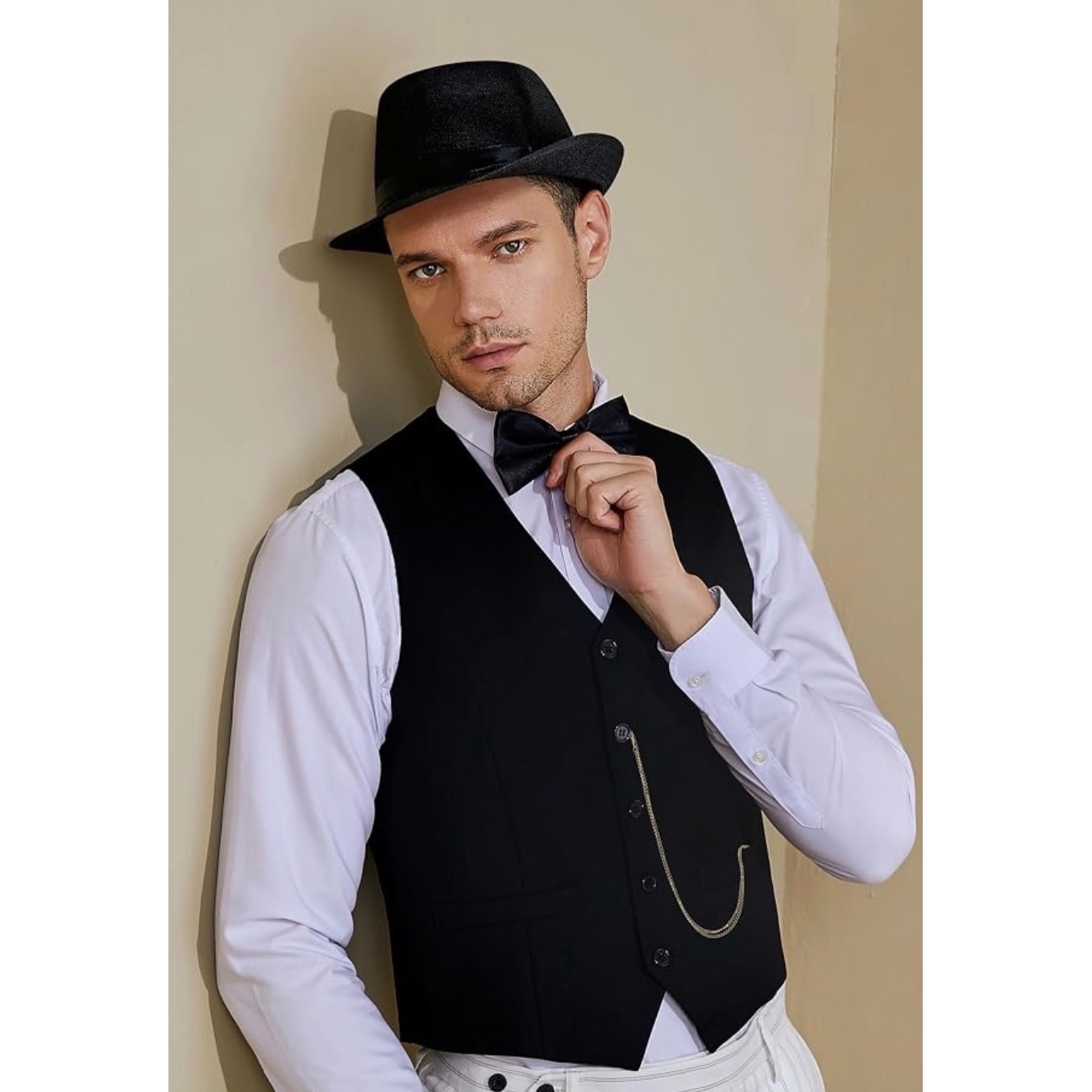 1920s Theme Mens Gatsby Gangster Vest Costume Set Xl Fedora Hat Black B2 — image 2 of 5
